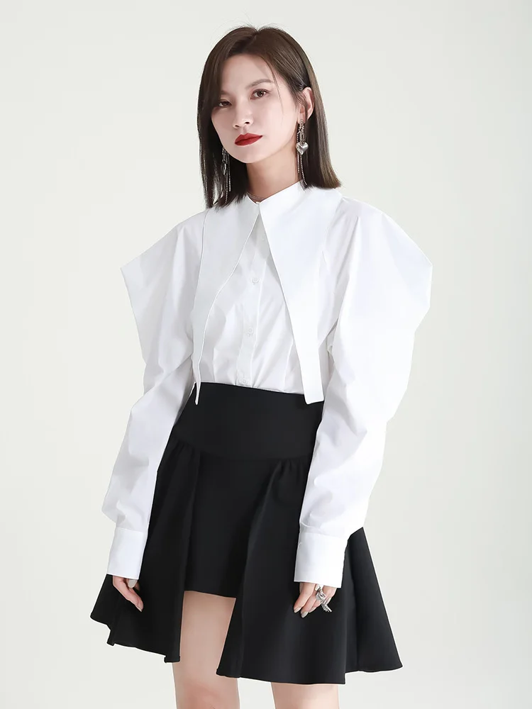 [EEM] Kadınlar Beyaz Şekilli Zarif Bluz Yeni Yaka Uzun Fener Kollu Gevşek Fit Gömlek Moda Gelgit Bahar Sonbahar 2023 1DF0955 Görüntü 2