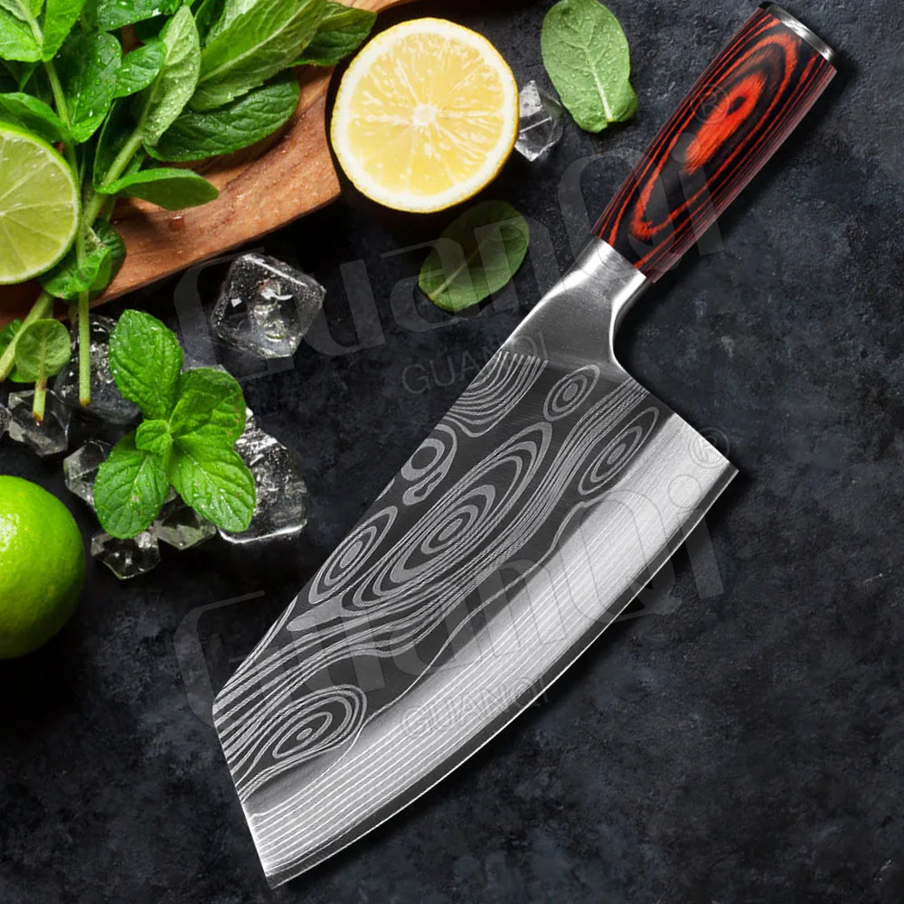 8 inç Paslanmaz Çelik Doğrama Cleaver Bıçak Şam Lazer Desen Et Balık Sebze Dilimleme Bıçağı Süper Keskin Bıçak Görüntü 1