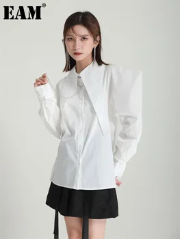 [EEM] Kadınlar Beyaz Şekilli Zarif Bluz Yeni Yaka Uzun Fener Kollu Gevşek Fit Gömlek Moda Gelgit Bahar Sonbahar 2023 1DF0955 1