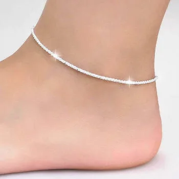 ucuz ince damgalı gümüş kaplama Parlak Zincirler Halhal Kız Arkadaşı İçin Ayak Bacak Bilezik Yalınayak Tobillera de Prata takı