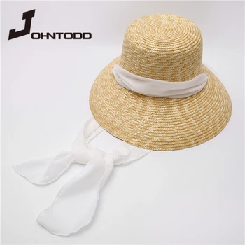 2021 Yeni Kadın Yaz Buğday Hasır Şapka Siyah Beyaz kurdele Bayanlar Geniş Ağız Düz Üst Güneş Şapka UV Koruma Plaj Kap 1