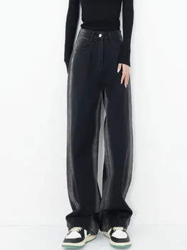 Vintage Yüksek Bel Kadın Siyah Kot Kore Moda Streetwear Geniş Bacak Jean Kadın Kot Pantolon Düz Baggy Kot Pantolon 1