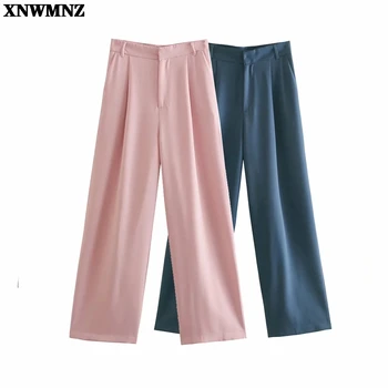 XNWMNZ Kadınlar 2021 Moda Düz Renk Yan Cep Geniş Bacak Pantolon Retro Yüksek Bel Fermuar pantolon Streetwear 1