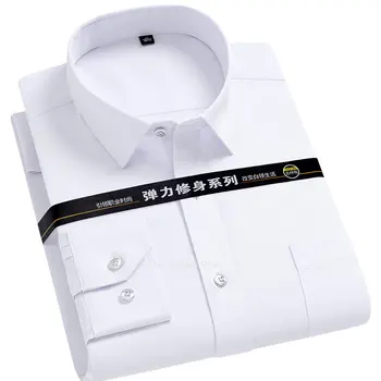 Erkek Streç Katı Elbise Gömlek Kırışıklık Karşıtı Uzun Kollu Düz Casual Gömlek Erkek Düzenli Fit Olmayan demir Kolay Bakım İş Elbiseleri Adam 1
