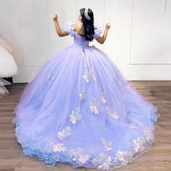 Açık Mor Quinceanera Elbiseler Tatlı 16 Kız Aplikler Prenses balo elbisesi vestidos de quinceaneras Custom Made 1
