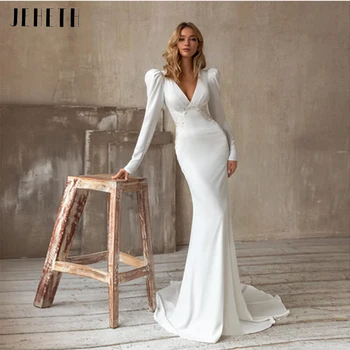Beyaz Mermaid gelin elbiseleri 2022 Puf Kollu Seksi Sivil Resmi gelinlik Kadın İçin Basit Robe De Mariee Femme Kat Uzunluk 1
