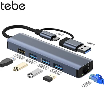 Tebe USB-A + USB-C Hub Adaptörü Tip-C Gigabit RJ45 Ethernet USB 3.0 Splitter için Macbook iPad Samsung Xiaomi 5-Port USB Hub 1