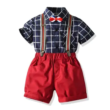 Erkek Kıyafet Giysileri Kravat Yay Ekose Kısa Kollu Gömlek Elbise Ve Kemer Kısa Kırmızı Çocuk Giyim Pantolon 2 3 4 5 6 7 Yıl