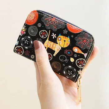 Kawaii Kedi Kadın Kızlar Organ kart çantası pu deri cüzdan Karikatür Kartvizit kutusu Kredi kart tutucu Mini Fermuarlı el çantası 1