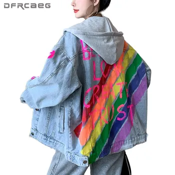 Büyük boy Kravat boya Gökkuşağı Kapşonlu Denim Ceket Kadın 2021 Streetwear Gevşek Mektup Baskı Jean Ceket Elbise Kadın Dış Giyim 1