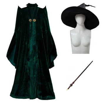 Profesör Minerva McGonagall Cosplay Kostüm Kıyafetler Robe Cloak Elbise + Şapka + Kamışı Cadılar Bayramı Kostümleri Tam Set 1