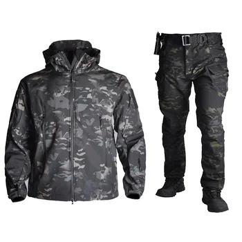 TAD Taktik Erkekler Ordu Avcılık Giyim Yürüyüş Keşfetmek Takım Kamuflaj Sharkskin Softshell Askeri Su Geçirmez Kapüşonlu Ceket + Pantolon 1