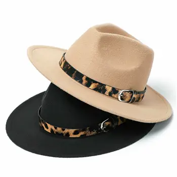 2020 Moda Trendi Kadın Bayanlar Yün fötr şapka Şapka Leopar Baskı Geniş Ağız Yün Panama Rahat Resmi Parti Kış Yeni Fedoras 1