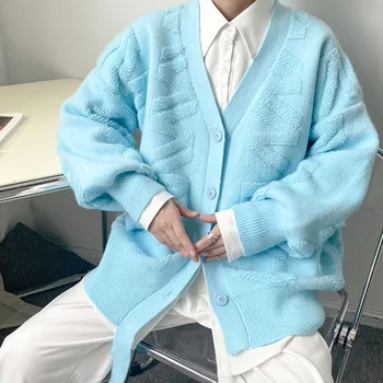 Erkek Büyük Boy Mavi Hırka Kazak Kore Trend Tasarım Asimetrik Havlu Nakış Gevşek Tek Göğüslü V Yaka Kazak 1