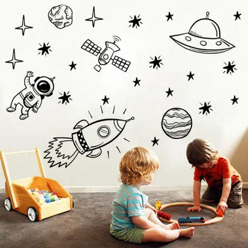 Duvar Sticker Çocuk Odası Dış Uzay Kreş Duvar Sticker Roket Gemi Astronot Vinil Dekor Gezegen Dekorasyon WL1585 1