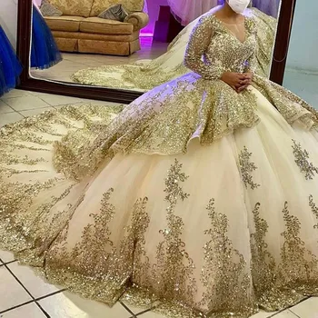 Uzun Kollu şampanya altın Quinceanera elbise Balo Kız Prenses Saten Balo Masquerade Tatlı 16 Elbiseler ıçin 15 yıl 1