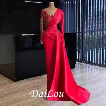 Zarif Kırmızı Dubai Akşam Elbise Kadınlar için Düğün Parti Törenlerinde Uzun Kollu V Yaka Boncuklu Overskirt Örgün balo kıyafetleri 2021 1