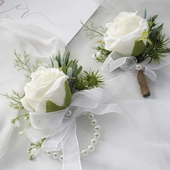 Gül Bilek Korsaj Bileklik Band Bilezik Ve Erkekler Yaka Çiceği Seti Düğün Çiçekleri Aksesuarları Balo Elbise Süslemeleri Beyaz 1