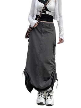 Kadınlar Uzun Kargo Etekler Cepler İpli Büzgülü Baggy Etek Y2K Vintage Streetwear 1