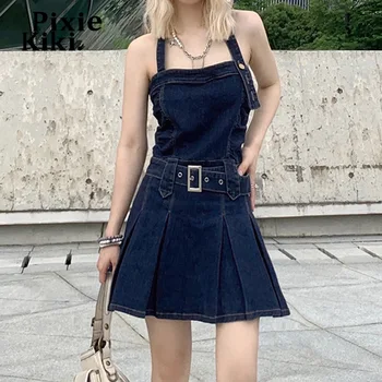 PixieKiki Retro Denim Kuşaklı Backless Halter Mini Elbise Harajuku Streetwear Y2k yaz giysileri Sevimli Seksi Pilili Elbise P77-EI42