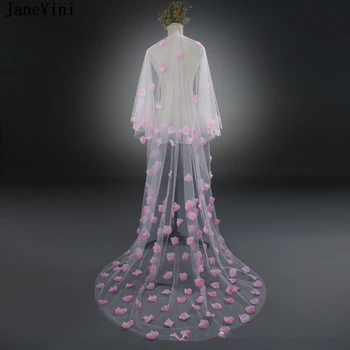 JaneVini Romantik Beyaz Katedrali Uzun Düğün Veils Sevimli Kenar 3D Çiçekler Yumuşak Tül Gelin Veils Chic Kadınlar Düğün Aksesuarları 1