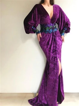 Moda Kadın Elbise Zarif Kadife Pullu Tunik Manşet Tasarım Seksi V Yaka Bölünmüş Hem Ziyafet Elbise Kadın 1