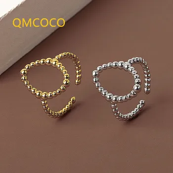 QMCOCO Gümüş Renk Moda INS Trend Niş Tasarım Hollow Out Yuvarlak boncuklu yüzük Retro Basit Açılış Kişilik Kadın Yüzük