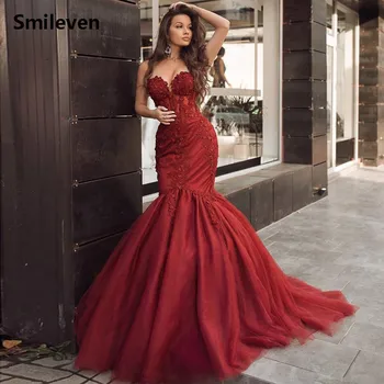 Smileven Koyu Kırmızı Mermaid Abiye giyim Seweetheart Boyun Boncuklu Balo Parti Elbiseler 3d Aplike Örgün Akşam Elbise 2019 1