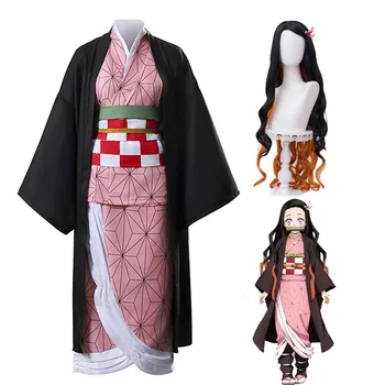 Anime iblis avcısı Kimetsu Hiçbir Yaiba Cosplay Kostümleri Kimono Kamado Nezuko Yetişkin Çocuk Cadılar Bayramı Kostüm Peruk 1