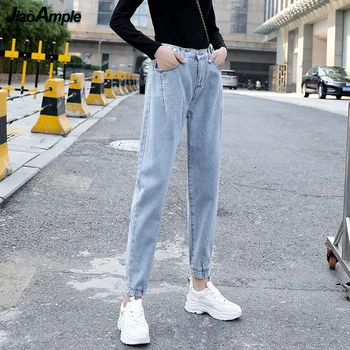Kadın İlkbahar Sonbahar Moda Kot Pantolon Kore Moda Yüksek Bel Cep Kot Rahat Gevşek Kalem Ayak Bileği Pantolon Öğrenci Pantolon 1