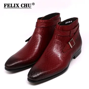 El yapımı Erkek yarım çizmeler Felıx Chu Hakiki Deri Erkek Motosiklet Botları Siyah Kırmızı Toka Kayış yüksek üst giysi Ayakkabı Erkekler için 1