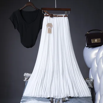 2021 Yüksek Kalite Kadınlar Yaz Etek Yüksek Bel Vintage Kadınlar Pilili Etek Saias Femme Boho Beyaz Uzun şifon Etek Streetwear 1