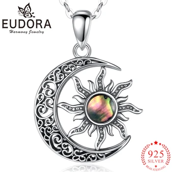 EUDORA 925 Ayar Gümüş Güneş ve Ay Sıcak Kelime Kolye Getirmek Umut ve ışık kolye Hediye Kadınlar için kız 1