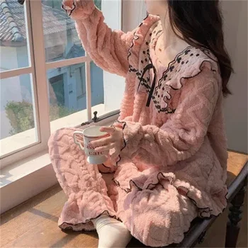 2023 Yeni Sonbahar ve Kış Mercan Kadife Pijama kadın Setleri Kalınlaşmak Peluş Karikatür Pazen Ev Giyim Takım Elbise İki Parça Takım Elbise Öğrenci 1