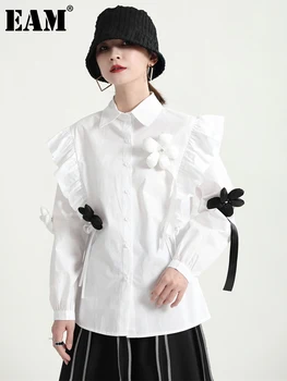 [EAM] Kadın Beyaz Çiçek Büyük Boy Casual Bluz Yeni Yaka Uzun 2023 1DE6162 Gevşek Fit Gömlek Moda Gelgit Bahar, Sonbahar Kol  1