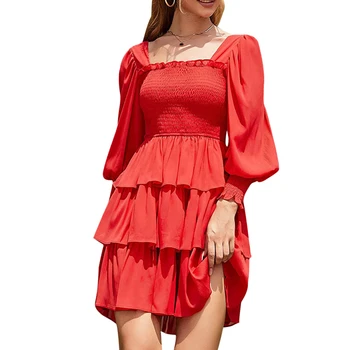 Kadınlar Katmanlı Fırfır Elbise Katı / Çiçek Baskı Kare Boyun Uzun Kollu Mini Elbise Yaz Backless Kravat up Kıyafetler Rahat Tatil 1