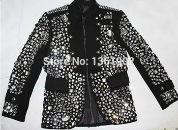 Artı boyutu Custom made siyah Kristal ceket erkek şarkıcı dansçı performans taşlar giyim kostüm taklidi ceket kıyafet 1
