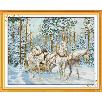Arabası kar Çapraz dikiş kiti Üç beyaz at hayvanlar Desen 14ct11ct sayısı Baskılı tuval nakış seti DIY el sanatları 1