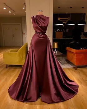 Bordo A-line Saten Akşam Balo Elbise Arapça Bateau Artı Boyutu Uzun Örgün Parti Nedime Elbisesi 1