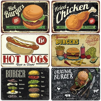 Sıcak Burger Plak Metal Tabela Vintage Poster Kızarmış Tavuk Retro Plaka Duvar Dekor Mutfak Restoran Dükkanı için 1