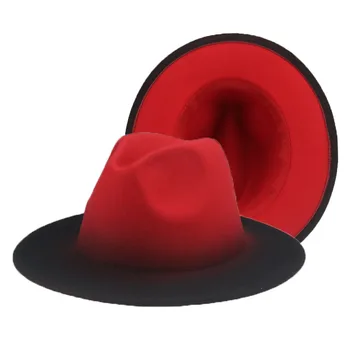Kadın Şapka Fedora Degrade Renk Patchwork Erkek Şapka Keçeli Siyah Kırmızı Sokak Rahat Kadın Keçeli Fedora Şapka Sombreros De Mujer 1