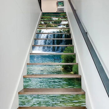 13 adet / takım Peyzaj Şelale Merdiven zemin çıkartmaları Su Geçirmez Çıkarılabilir Kendinden Yapışkanlı Dıy Merdiven Çıkartmaları Duvar Resimleri Ev Dekorasyonu 1
