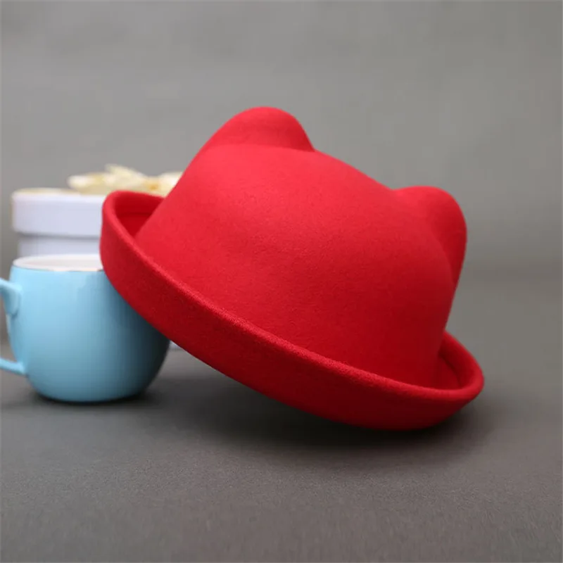 Moda ebeveyn-çocuk Melon Şapka Kedi Kulak fötr şapkalar Çocuklar için Resmi Kap Fötr şapka Kadın Görüntü 2