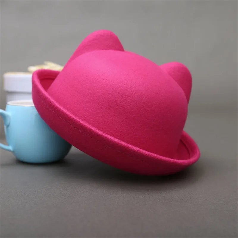 Moda ebeveyn-çocuk Melon Şapka Kedi Kulak fötr şapkalar Çocuklar için Resmi Kap Fötr şapka Kadın Görüntü 3
