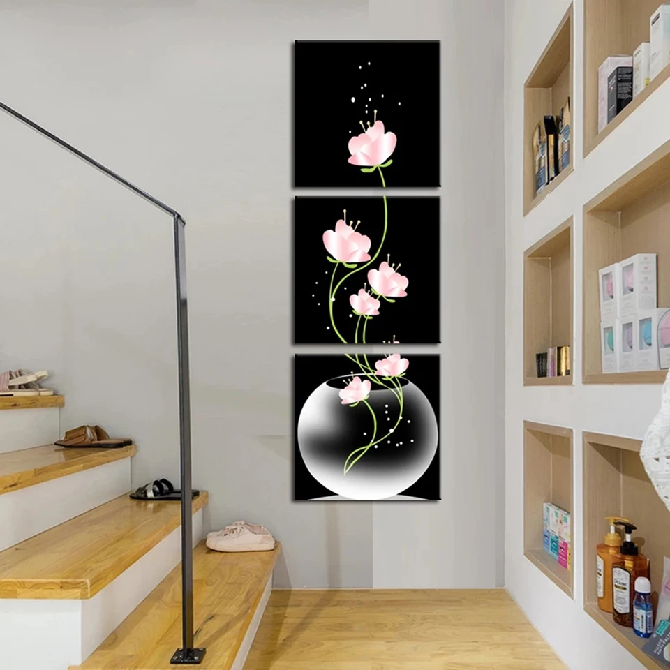 DIY Elmas Nakış Soyut Çiçekler Çapraz Dikiş Elmas Boyama Tam Vazo Çiçek El Sanatları Sanat Hediye Ev Dekor Triptik Görüntü 1