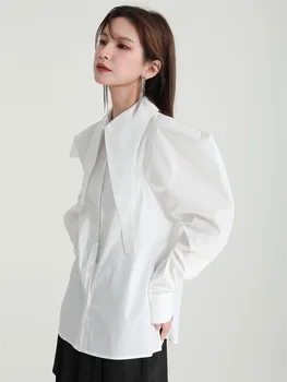 [EEM] Kadınlar Beyaz Şekilli Zarif Bluz Yeni Yaka Uzun Fener Kollu Gevşek Fit Gömlek Moda Gelgit Bahar Sonbahar 2023 1DF0955 2