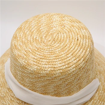 2021 Yeni Kadın Yaz Buğday Hasır Şapka Siyah Beyaz kurdele Bayanlar Geniş Ağız Düz Üst Güneş Şapka UV Koruma Plaj Kap 2