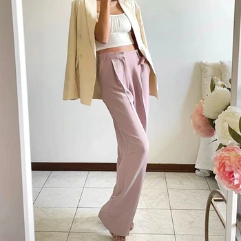 XNWMNZ Kadınlar 2021 Moda Düz Renk Yan Cep Geniş Bacak Pantolon Retro Yüksek Bel Fermuar pantolon Streetwear 2