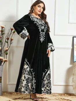 Büyük boy Elbiseler Patchwork Kadife Elbise Kadınlar uzun elbise Indie Halk Gevşek Arapça Müslüman Elbise Ayak Bileği Uzunlukta Parti Elbise 2