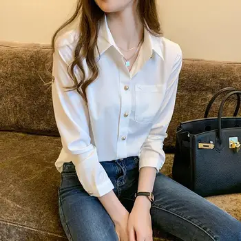 Ofis Bayan İnce Şifon Polo Yaka Kadın Gömlek Tek Göğüslü Katı Bahar Sonbahar Yeni İnce kadın giyim Kore Onurlu 2
